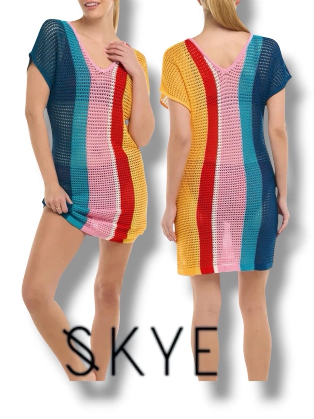 SKYE Crochet Stripe Swim Coverup in Blue Pink Yellow Aubade Rainbow Knit Large